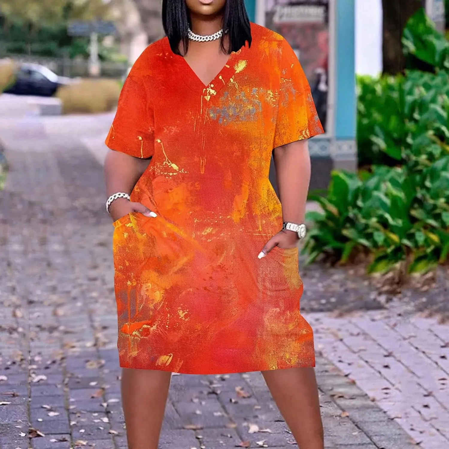 Women's Oversized Knee Length Dress Marble Print Casual Dress Short Sleeved V-Neck Loose Dress Fashion Tie Dye Dress