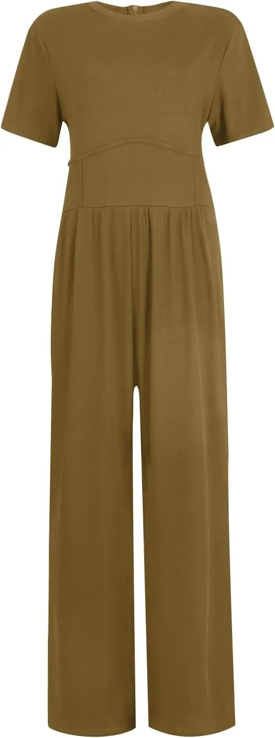 Women's Summer Wide Leg Jumpsuit Round Neck Short Sleeve High Waist Dressy Overalls Linen Romper with Pockets