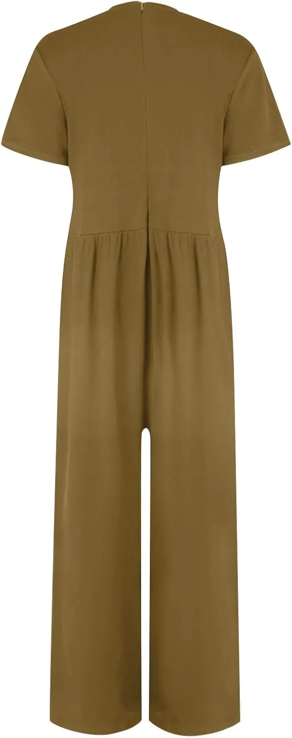 Women's Summer Wide Leg Jumpsuit Round Neck Short Sleeve High Waist Dressy Overalls Linen Romper with Pockets