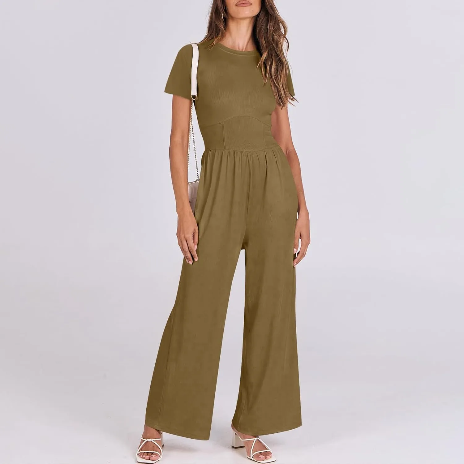 Women's Summer Wide Leg Jumpsuit Round Neck Short Sleeve High Waist Dressy Overalls Linen Romper with Pockets