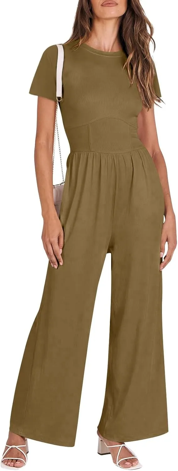 Women's Summer Wide Leg Jumpsuit Round Neck Short Sleeve High Waist Dressy Overalls Linen Romper with Pockets