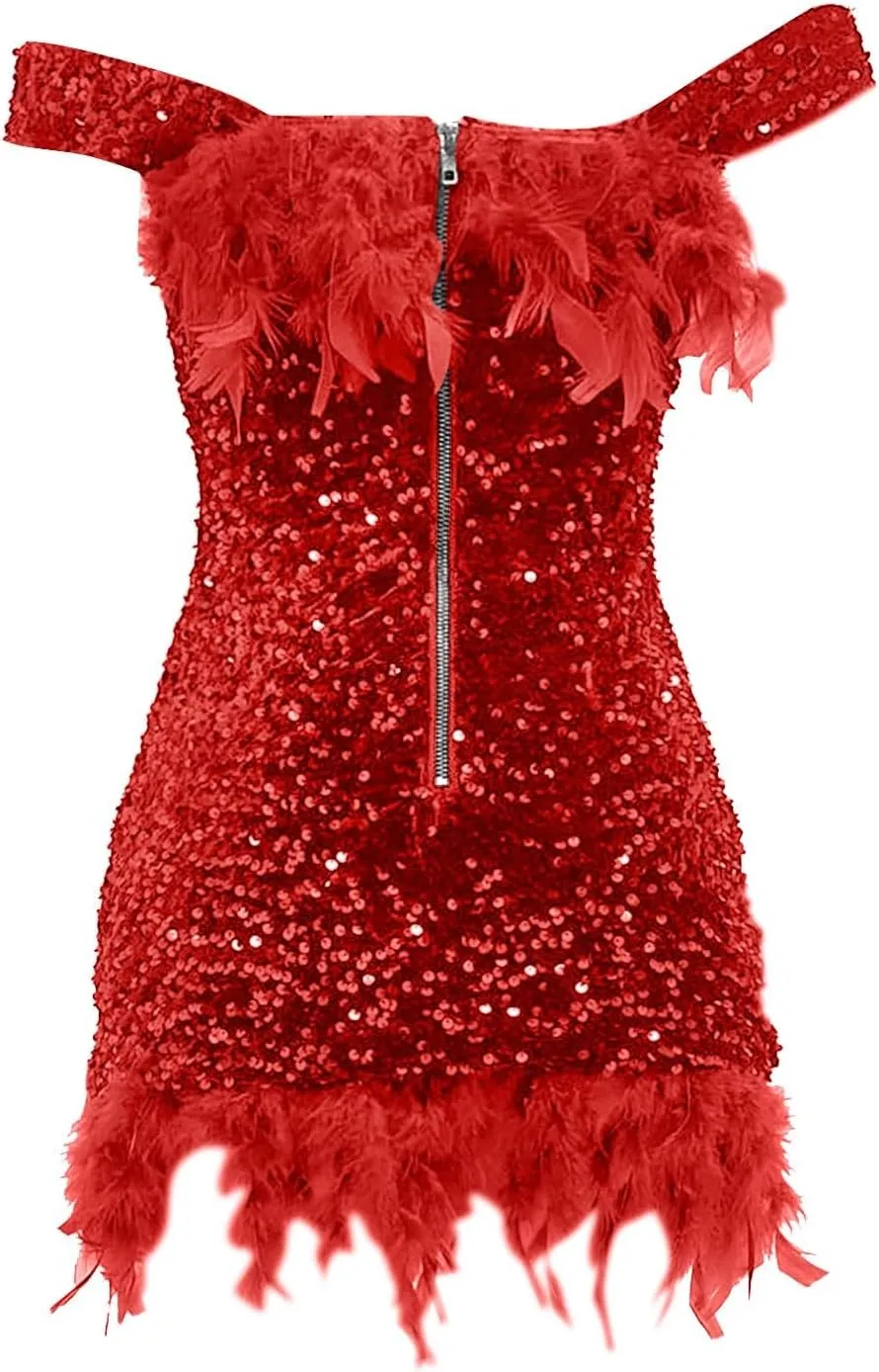 ZYXTIM Women's Dance Dress Rhinestone Sequins Tassel Latin Salsa Ballroom Dress Off Shoulder Flapper Party Dress Plus Size