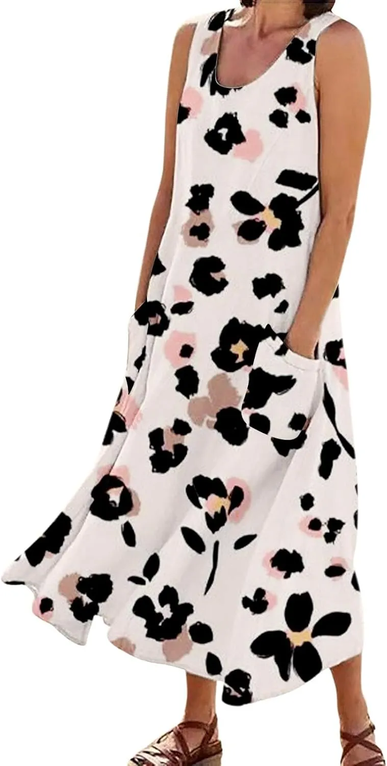 ZYXTIM Women's Summer Maxi Dress Floral Print Sleeveless Bohemian Beach Dress Cover Up Travel Vacation Long Dress with Pocket